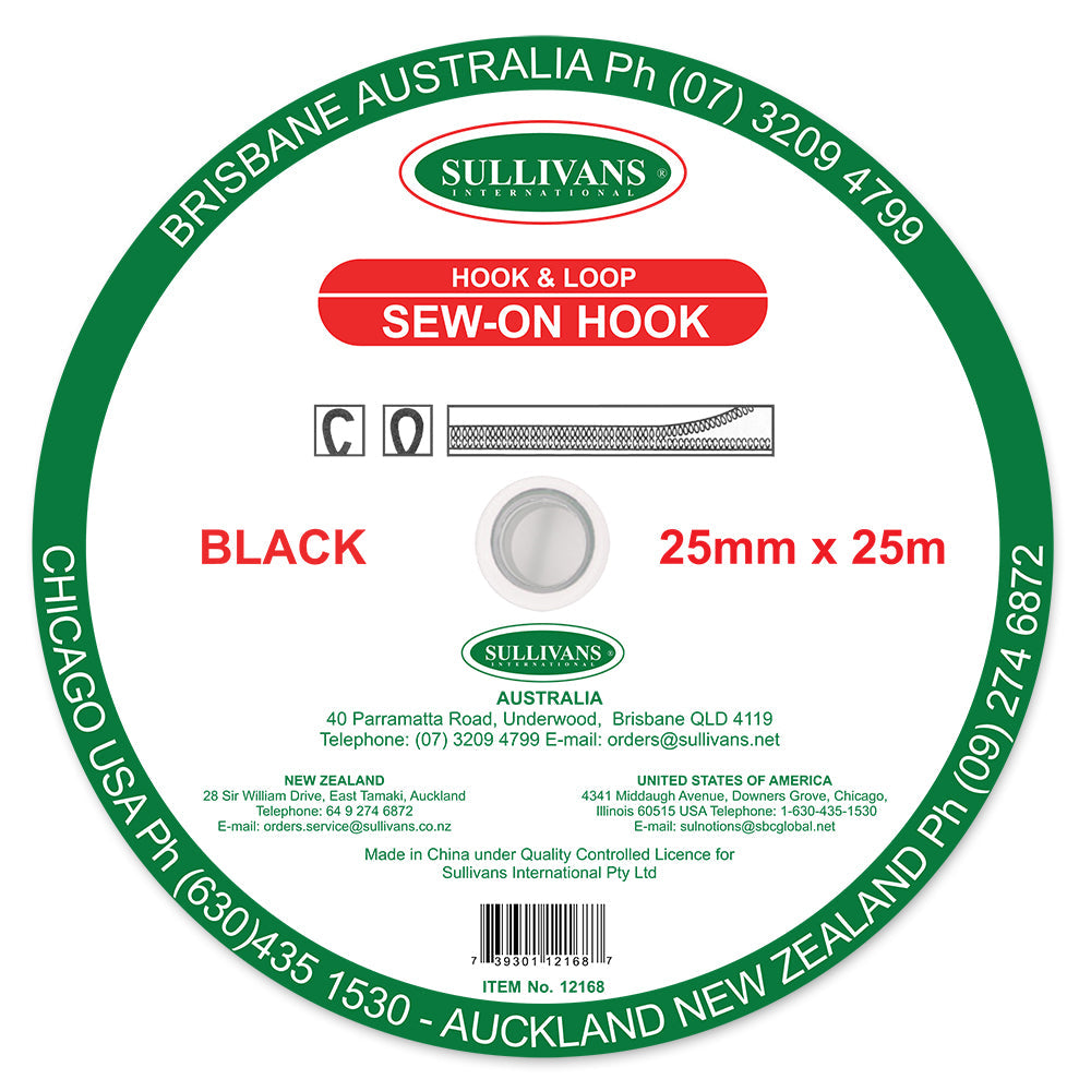 Sullivans Sew On Hook Tape - 25mm - Black