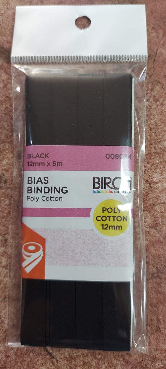 Polycotton Bias Binding Tape, Black - 12mm x 5m